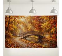 Bannière paysage de pont de forêt d'automne 180,3 x 109,2 cm | Chemin de pierre, toile de fond pour photographie, feuillage doré, paysage boisé, texture de peinture à l'huile