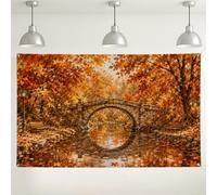 Bannière paysage de pont en pierre d'automne 180,3 x 109,2 cm | Érables, toile de fond pour photo, ruisseau fluide, bancs de parc, feuillage d'automne, tapisserie murale saisonnière