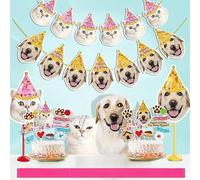 Bannière photo d'anniversaire personnalisée, carte debout personnalisée tête de chat et de chien, décoration de scène de fête d'anniversaire, accessoires photo, carte de gâteau