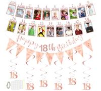 Bannière pour 18e anniversaire avec cartes photo, guirlande photo de 18 ans de 1 à 18 ans, guirlande « Happy 18th Birthday » avec ficelle de 5 m, décorations d'anniversaire importantes pour filles et