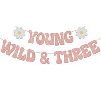 Bannière Young Wild & Three pour 3e anniversaire, support mural, bannière standard à paillettes or rose