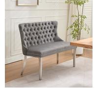 Banquette 2 places EVRYAE en velours gris, dossier capitonné à boutons faits main, pieds argentés en acier inoxydable brossé