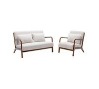 Banquette 2 places + Fauteuil bois d'hévéa teinté noyer clair et bouclette LORENS