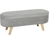 Banquette au pied du lit - Banquette ovale/pouf - Velours Teddy - Assise rembourrée - Pieds en bois d'hévéa - Avec espace de rangement - 110x40x43 cm - Gris clair