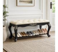 Banquette Classique, Banc Rembourré Intérieur, Chaise Longue Capitonnée | Cadre Bois Sculpté Avec Assise Douce, Finition Rétro Et Design Courbé Pour Entrée, Salon Ou Chambre(Black,31"/80cm)