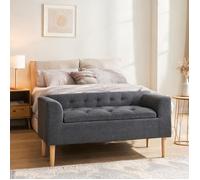 Banquette coffre capitonnée en tissu effet lin gris foncé avec accoudoirs, rangement, 116 cm, vintage