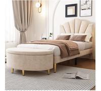 Banquette coffre en velours beige 90 x 40 x 42 cm, bout de lit avec rangement et pieds en métal