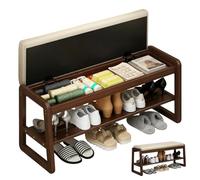 BaoBaJiu Banc à chaussures en bois massif avec espace de rangement avec coussin d'assise en cuir synthétique, meuble à chaussures, à 2 niveaux, étroit, pour entrée et garde-robe, 100 cm