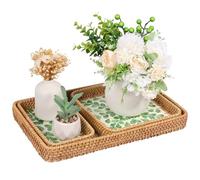 BAODBF Lot de 3 plateaux de service tressés - Style bohème - Rectangulaires - Décoratif en rotin - Plateau vintage pour plateau de petit-déjeuner ou tabouret (vert)