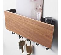 BAOFUYA Porte-Clés Mural, Organisateur de Clés et de Courrier en Bois de Noyer avec 5 Crochets, étagère de Courrier d'entrée en Bois ABS sans Perçage, Support 18x10x3cm pour Couloir, Maison, Bureau