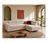 Baoji - Canapé d'angle droit 5 places convertible avec têtières et coffre en velours côtelé - Beige