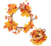 BAOSROY Couronne Automne,Couronne Automne Porte,Couronne Feuilles Automne,Couronne d'automne Artificielle,Feuille d'Erable Citrouille Baie Guirlande pour Automne Halloween Thanksgiving Décoration