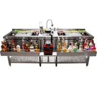 Bar à cocktails en acier inoxydable, dimensions 197,2 x 78,4 x 84,2 cm, équipée d'un système de séchage à air pour les verres, de 2 bacs à glaçons isolés et de deux bacs à bouteilles