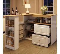 Bar de salle à manger rotatif 360° moderne et minimaliste pour chambre, salon, salle à manger, 2 tiroirs, compartiment de rangement ouvert, buffet rotatif avec étagères et verre incurvé (White 1)