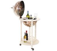 Bar de salon HWC-D83, minibar, étagère de vin, globe terrestre Ø 33cm, roulant, bois d'eucalyptus blanc