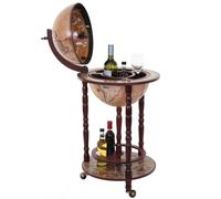 Bar de salon HWC-D83, minibar, étagère de vin, globe terrestre Ø 33cm, roulant, bois d'eucalyptus marron