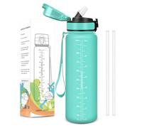 Baramumu Gourde Sport, 1000ml Anti-Fuite, Gourde avec Paille, Avec horodatage, Bouteille, Facile à Transporter, Bouteille d'eau pour Salle de Sport, Cuisine, Extérieur - Bleu&vert
