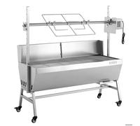 Barbecue à charbon 60 kg, rôtissoire 38 W, pare-brise, 4 hauteurs, roues - inox