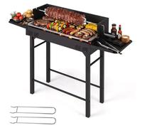 Barbecue à charbon COSTWAY, barbecue de camping avec grille réglable en hauteur, surface de cuisson de 73x34 cm, 2 étagères, broche rotative et 2 leviers pour grille. Chariot de barbecue pour l'extéri
