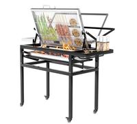 Barbecue à charbon de bois avec chariot, grille de cuisson portable démontable carrée résistante en plein air, grille de cuisson rotative à 360 degrés avec roues pour camping, jardin, barbecue