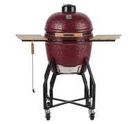 Barbecue à charbon de bois Céramique Kamado Rouge 2 zones de cuisson Grill & Fumoir Ø56cm - Barbecue mobile + 2 tablettes INTEC