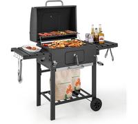 Barbecue à Charbon de Bois Extérieur, 2 Tables d'Appoint Pliables, 2 Roues, 8 Crochets, Ouvre-Bouteille