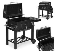 Barbecue à charbon de bois, grand modèle pour l'extérieur, avec couvercle, thermomètre, étagères et roues. Soufflerie incluse