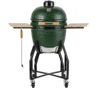 Barbecue à charbon de bois Kamado Céramique Vert - 2 zones de cuisson Grill & Fumoir Ø56cm - Barbecue mobile + 2 tablettes INTEC