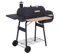 Barbecue à charbon de bois, modèle fumoir - Grill sur pied - Couvercle avec thermomètre - Roues et étagères - Acier laminé à froid - Couleur vert armée