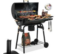 Barbecue à charbon en forme de tonneau - Barbecue et fumoir 2-en-1 XXL - Surface de cuisson 70 x 39,5 cm - Grille de maintien au chaud - Acier émaillé - Chariot pour jardin et terrasse