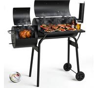 Barbecue à charbon et fumoir 2-en-1 - Chariot barbecue - Barbecue à charbon avec fonction fumoir - Acier émaillé - Surface de cuisson 60 x 26,5 cm - Cheminée, thermomètre, 2 roues