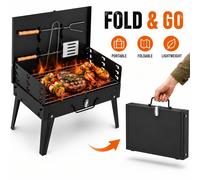 Barbecue à charbon portable pliable en forme de valise avec grille et couverts inclus - Léger, compact, facile à transporter et à ranger, dépliage rapide, barbecue multi-combustibles idéal pour le cam