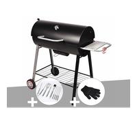 Barbecue à charbon sur chariot michigan + malette de 8 accessoires inox + gant d