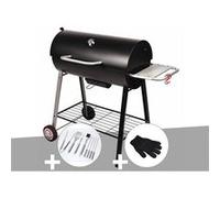 Barbecue à charbon sur chariot michigan + malette de 8 accessoires inox + gant d