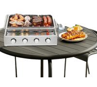 Barbecue à gaz, 4 brûleurs, construction en acier inoxydable, hauteur de grille réglable, dimensions de la grille : 55,8 x 23,2 cm, surface de cuisson de taille compacte