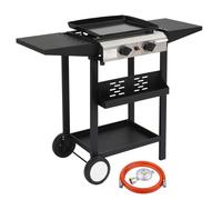 Barbecue à gaz ALIGHTUP avec chariot, 2 brûleurs, 5,86 kW, plaque de cuisson émaillée, thermomètre intégré et tablettes latérales