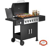 Barbecue à gaz de 17,8 kW avec 6 brûleurs + 1 brûleur latéral, chariot de barbecue en acier inoxydable, équipé de roulettes, thermomètre, et grille de cuisson émaillée