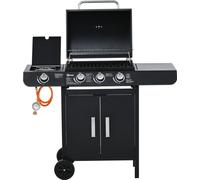 Barbecue à gaz et chariot de barbecue avec 3 brûleurs et 1 brûleur latéral – multifonctionnel, avec détendeur et tuyaux, en acier, 110 x 50 x 100 cm, noir