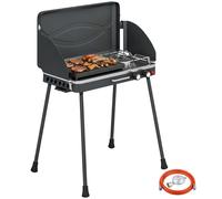 Barbecue à gaz portable 2 brûleurs 7 kW, barbecue de table 2-en-1 avec pieds rabattables, grille, pare-vent, couvercle et système de fermeture