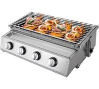 Barbecue à gaz portable - Barbecue de table à 4 brûleurs - Acier inoxydable - Réglable en hauteur - Sans fumée - Gris clair