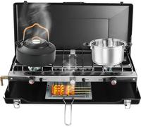 Barbecue à gaz pour camping - Grill de table avec 3 brûleurs - Couvercle anti-vent - Réchaud à gaz portable - Idéal pour les activités de plein air et les pique-niques - Noir