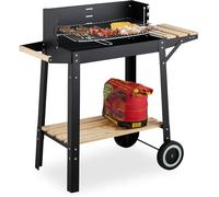 Barbecue au charbon avec chariot - SWAPY - Grille ajustable - 2 étagères en bois - Pare-vent intégré