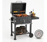 Barbecue au charbon de bois avec couvercle, thermomètre, 2 roues, grille de cuisson émaillée et chromée, bac à cendres. Chariot de barbecue à hauteur réglable, dimensions : 124x56x140 cm. Fumeur pour