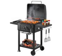Barbecue au charbon de bois avec couvercle, thermomètre, hauteur réglable, bac à charbon, cheminée, grille de cuisson, table d'appoint et cendrier