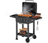 Barbecue au charbon de bois avec couvercle, thermomètre, hauteur réglable, bac à charbon, grille de cuisson, table d'appoint et cendrier