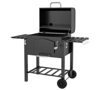 Barbecue au charbon de bois avec fumoir, bac à charbon réglable, tablettes latérales, 124 x 66 x 112 cm, noir