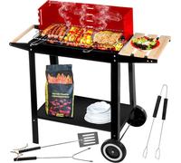 Barbecue au charbon de bois avec grille chromée de 50 x 26,5 cm - Barbecue sur roues - Barbecue pour plusieurs personnes - Étagère pratique - Barbecue au charbon de bois classique