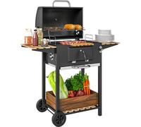 Barbecue au charbon de bois, bac à charbon réglable en hauteur, chariot de barbecue, étagères, thermomètre, décapsuleur, acier, bois, noir