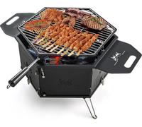 Barbecue au charbon de bois - Barbecue de camping - Foyer et barbecue 2 en 1 - Grille pivotante à 360° - Pliable - Avec poignées - Noir