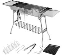 Barbecue au charbon de bois - Barbecue de camping portable - Acier inoxydable - Tablettes latérales rabattables - Poêle antiadhésive - Ventilation réglable - Facile à nettoyer